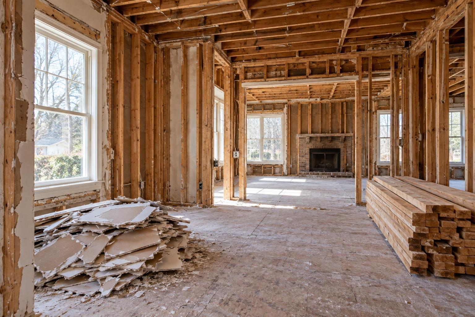 Interior demolition with framing exposed