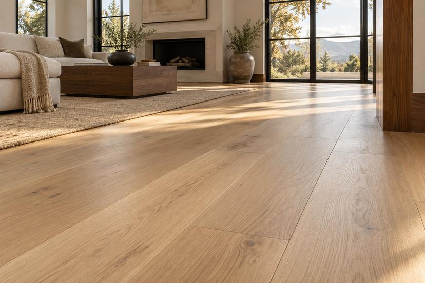 Wide-plank wood flooring in a bright room
