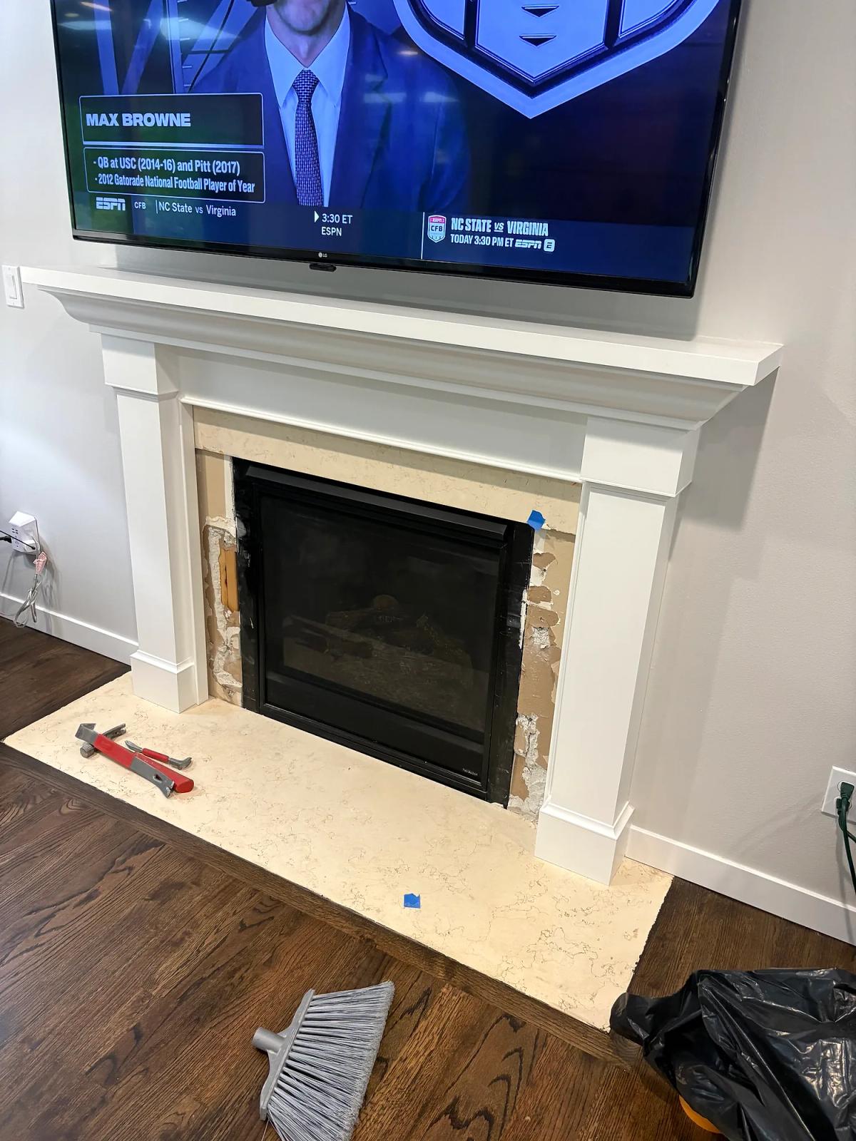 Actual photo: selective removal in progress at the fireplace